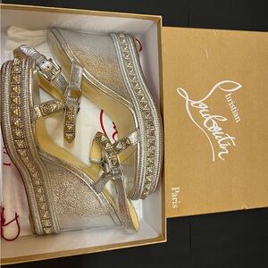 Christian Louboutin Pyraclou silver metallic wedges. Brand new w/ box & pouch